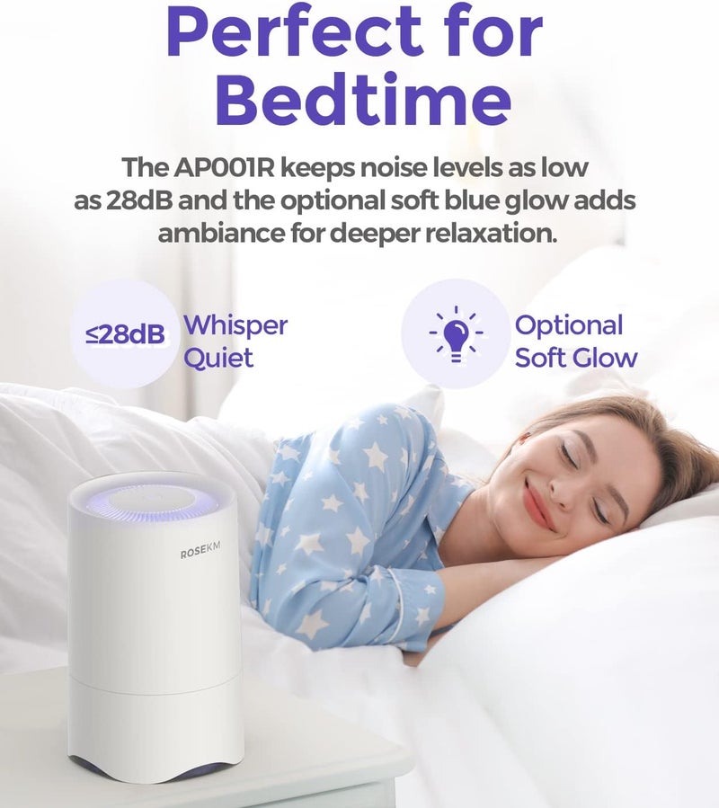 Rosekm Small Air Purifier for Home Bedroom, Personal Desk Mini Air Purifier, Room Hepa Air Purifier Fresheners Cleaner for Dorm, Pets, Smoke, Desktop, Office (White) - Image 4